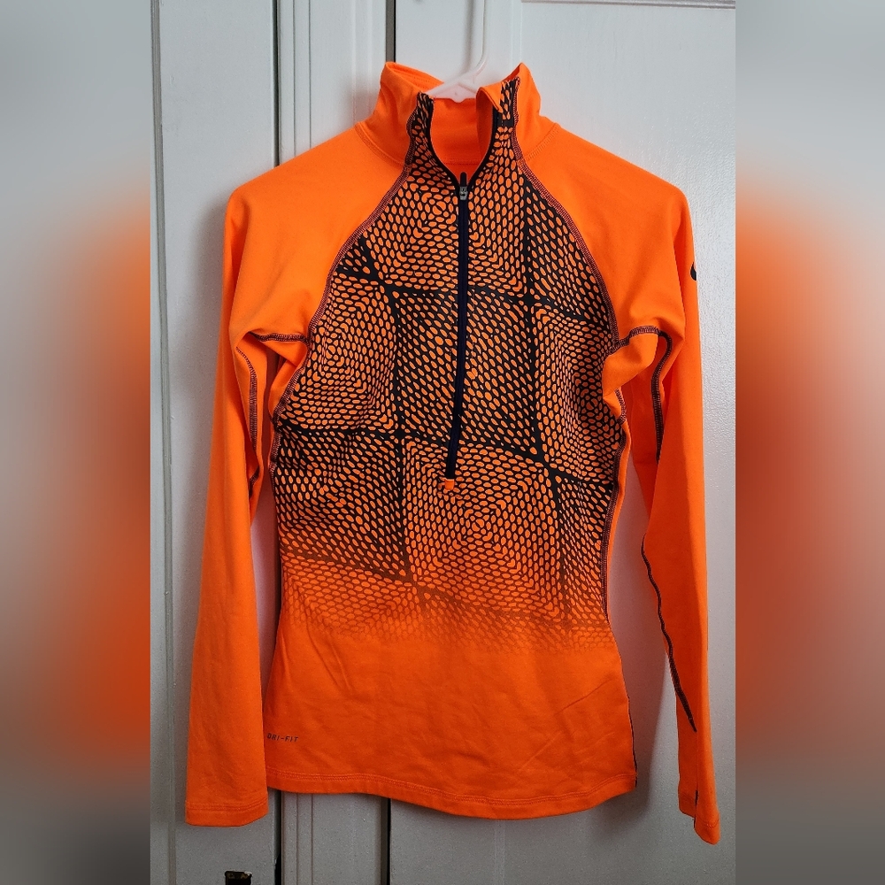 Nike Pro Women's High Visibility Orange 1/4 Zip Pull Over Running Jacket Size Sm